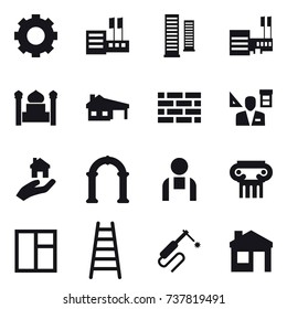 16 vector icon set : gear, store, skyscrapers, mall, minaret, house with garage, brick wall, architector, real estate, arch, antique column, window, stairs, house