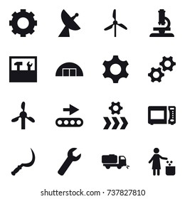 16 vector icon set : gear, satellite antenna, windmill, microscope, tools, hangare, sickle, wrench, sweeper, garbage bin