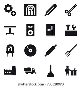 16 vector icon set : gear, fingerprint, table, speaker, fridge, repair tools, rolling pin, fork, factory, sweeper, plunger, kitchen cleaning