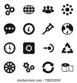 16 vector icon set : gear, globe, group, round around, ballon, info, earth, watch, ring button, wheel, gears, reload, toilet paper