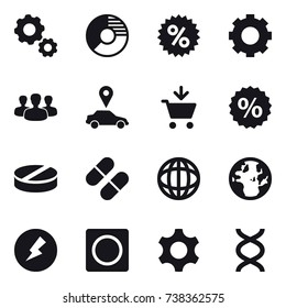 16 vector icon set : gear, circle diagram, percent, group, car pointer, add to cart, electricity, ring button