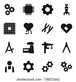 16 vector icon set : gear, chip, dna modify, cpu, cardio chip, draw compass, factory, tower crane, drawing compass, gears