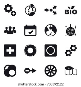 16 vector icon set : gear, circle diagram, core splitting, bio, group, earth, disco ball, first aid, lifebuoy, ring button, wheel, toilet paper
