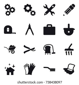 16 vector icon set : gear, pencil wrench, pencil, measuring tape, drawing compass, suitcase iocn, wheelbarrow, pruner, vacuum cleaner, house cleaning, gloves, brush, floor washing