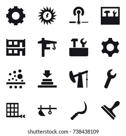 16 vector icon set : gear, sun power, laser, tools, modular house, tower crane, repair tools, plow, sickle, scraper