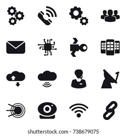 16 vector icon set : gear, call, group, mail, chip, satellite, server, cloude service, cloud wireless