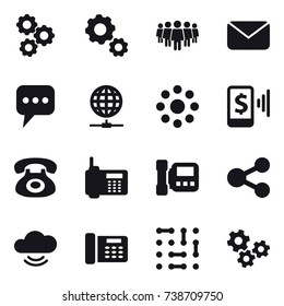 16 vector icon set : gear, team, mail, message, globe connect, round around, mobile pay, intercome, gears
