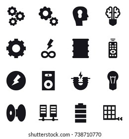 16 vector icon set : gear, bulb head, bulb brain, infinity power, remote control, electricity, speaker