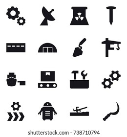 16 vector icon set : gear, satellite antenna, nuclear power, nail, bunker, hangare, construction, tower crane, repair tools, soil cutter, sickle