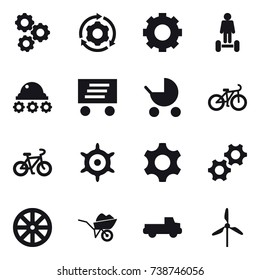 16 vector icon set : gear, around gear, hoverboard, lunar rover, delivery, baby stroller, bike, handwheel, wheel, wheelbarrow, pickup, windmill