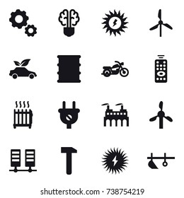 16 vector icon set : gear, bulb brain, sun power, windmill, eco car, motorcycle, remote control, radiator, plow