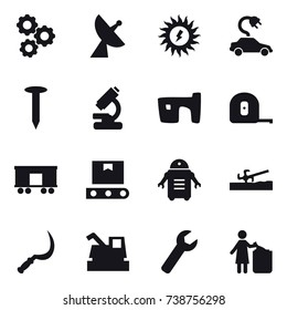 16 vector icon set : gear, satellite antenna, sun power, electric car, nail, slum, measuring tape, soil cutter, sickle, harvester, wrench, garbage bin