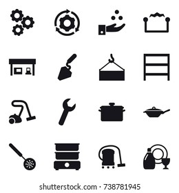 16 vector icon set : gear, around gear, chamical industry, electrostatic, gas station, construction, rack, vacuum cleaner, pan, skimmer, dish cleanser