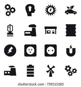 16 vector icon set : gear, bulb head, sun power, eco car, crystall  memory, factory, gas station, electricity, power socket, windmill, gears