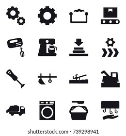 16 vector icon set : gear, electrostatic, mixer, coffee maker, plow, soil cutter, harvester, trash truck, washing machine, washing powder, hand dryer