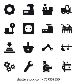 16 vector icon set : gear, factory, power socket, plow, gears, wrench, water pump, skyscrapers cleaning