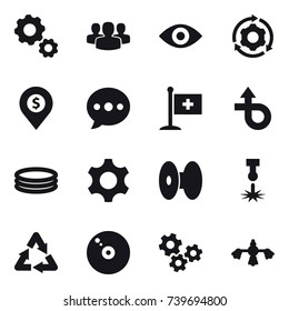16 vector icon set : gear, group, eye, around gear, dollar pin, ballon, inflatable pool, gears, hard reach place cleaning
