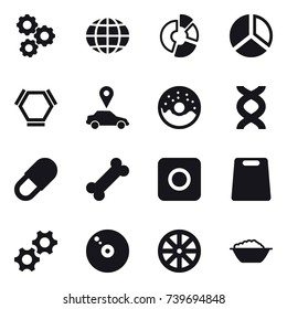 16 vector icon set : gear, globe, circle diagram, diagram, hex molecule, car pointer, donut, ring button, cutting board, wheel, foam basin