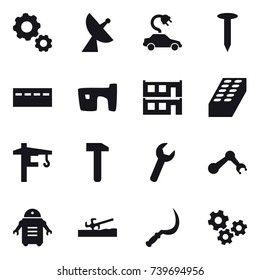 16 vector icon set : gear, satellite antenna, electric car, nail, bunker, slum, modular house, brick, tower crane, soil cutter, sickle, gears