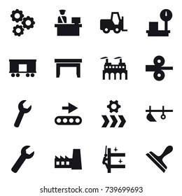 16 vector icon set : gear, table, plow, wrench, factory, skyscrapers cleaning, scraper