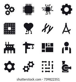 16 vector icon set : gear, chip, cpu, cardio chip, draw compass, factory, tower crane, water pump