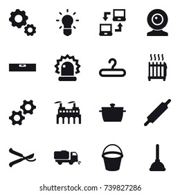 16 vector icon set : gear, bulb, notebook connect, web cam, level, hanger, radiator, pan, rolling pin, pruner, sweeper, bucket, plunger