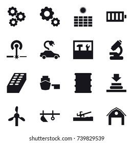 16 vector icon set : gear, sun power, battery, laser, electric car, tools, brick, plow, soil cutter, barn