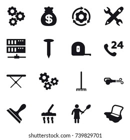 16 vector icon set : gear, money bag, around gear, pencil wrench, server, nail, measuring tape, iron board, gears, rake, blower, scraper, vacuum cleaner, woman with pipidaster, floor washing