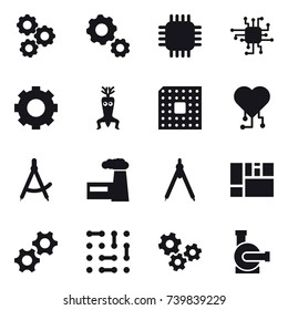 16 vector icon set : gear, chip, dna modify, cpu, cardio chip, draw compass, factory, drawing compass, gears, water pump