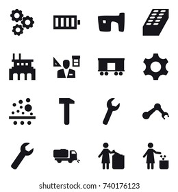16 vector icon set : gear, battery, slum, brick, factory, architector, wrench, sweeper, garbage bin