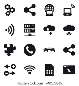 16 vector icon set : gear, share, notebook globe, notebook wireless, wireless, server, cloude service, cloud wireless, puzzle, phone, bridge