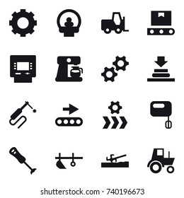 16 vector icon set : gear, atm, coffee maker, plow, soil cutter, tractor