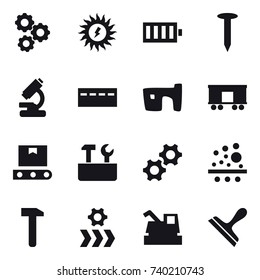 16 vector icon set : gear, sun power, battery, nail, bunker, slum, repair tools, harvester, scraper