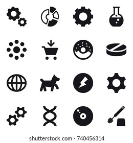 16 vector icon set : gear, circle diagram, round flask, round around, add to cart, donut, globe, dog, electricity, toilet brush