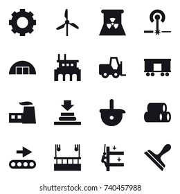 16 vector icon set : gear, windmill, nuclear power, laser, hangare, factory, skyscapers cleaning, skyscrapers cleaning, scraper