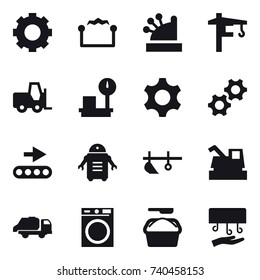 16 vector icon set : gear, electrostatic, cashbox, tower crane, plow, harvester, trash truck, washing machine, washing powder, hand dryer