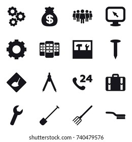 16 vector icon set : gear, money bag, team, monitor arrow, server, tools, nail, under construction, drawing compass, suitcase, shovel, fork, brush