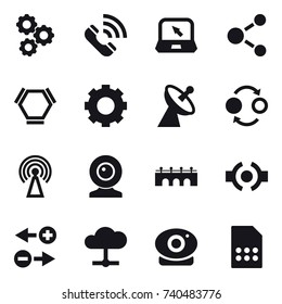 16 vector icon set : gear, call, notebook, molecule, hex molecule, satellite antenna, quantum bond, antenna, web cam, bridge