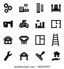 16 vector icon set : gear, store, skyscrapers, minaret, slum, modern architecture, city, plan, house, antique column, window, stairs, wrench, barn, scraper, housing