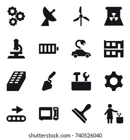 16 vector icon set : gear, satellite antenna, windmill, nuclear power, microscope, battery, electric car, modular house, brick, construction, repair tools, scraper, garbage bin