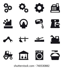 16 vector icon set : gear, cashbox, mixer, coffee maker, plow, soil cutter, harvester, tractor, utility room, washing machine, washing powder