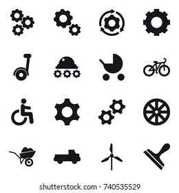 16 vector icon set : gear, around gear, segway, lunar rover, baby stroller, bike, wheel, wheelbarrow, pickup, windmill, scraper
