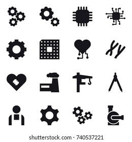 16 vector icon set : gear, chip, cpu, cardio chip, factory, tower crane, drawing compass, gears, water pump