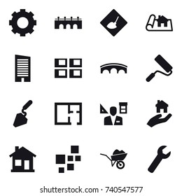 16 vector icon set : gear, bridge, under construction, project, skyscraper, panel house, repair, construction, plan, architector, real estate, home, wheelbarrow, wrench