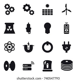 16 vector icon set : gear, sun power, windmill, nuclear power, spark plug, bulb, remote control, kettle