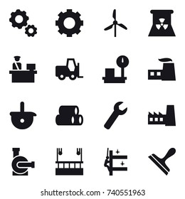 16 vector icon set : gear, windmill, nuclear power, wrench, factory, water pump, skyscapers cleaning, skyscrapers cleaning, scraper