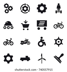 16 vector icon set : gear, around gear, hoverboard, lunar rover, add to cart, delivery, bike, motorcycle, invalid, handwheel, pickup, windmill, scraper