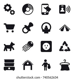 16 vector icon set : gear, circle diagram, touch, pass card, cart, nipple, tent, dog, jellyfish, power socket, barn, trash, hanger