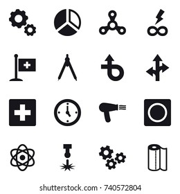 16 vector icon set : gear, diagram, spinner, infinity power, drawing compass, first aid, watch, hair dryer, ring button, gears, paper towel