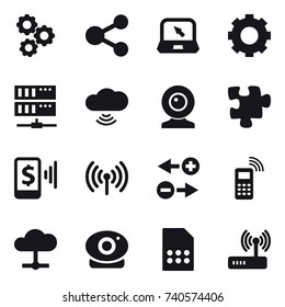 16 vector icon set : gear, share, notebook, server, cloud wireless, web cam, puzzle, mobile pay, wireless